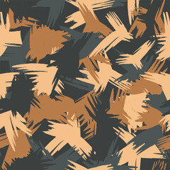 Fashion urban camouflage, modern design. Hand drawn camo with brush strokes. Grunge wing pattern. Orange and black background. Textile printing. Vector seamless abstract texture