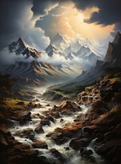 Wall Mural - Misty Mountain Landscape with River and Trees