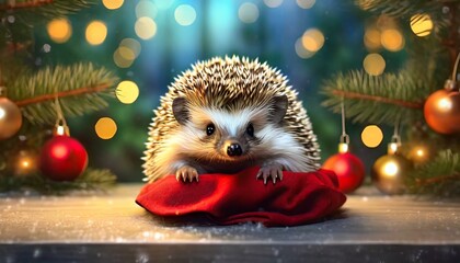 Wall Mural - festive bristled critter adorable hedgehog celebrates the holidays as a baby animal on a christmas background with cute defense in the front