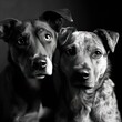 Two dogs pose against a plain background.