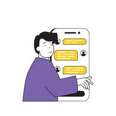 Poster - Contact us concept with cartoon people in flat design for web. Man chatting with clients in mobile app, connecting with customers. Vector illustration for social media banner, marketing material.