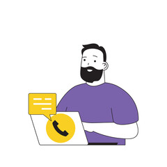 Poster - Contact us concept with cartoon people in flat design for web. Man chatting with clients in messenger at laptop and answering calls. Vector illustration for social media banner, marketing material.