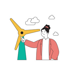 Poster - Ecology concept with cartoon people in flat design for web. Woman using wind turbine for getting green alternative electricity energy. Vector illustration for social media banner, marketing material.