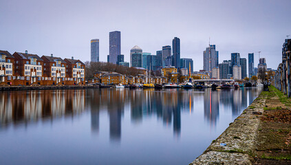 Poster - View of skyscrapers in London city as seen from Surrey docks, England