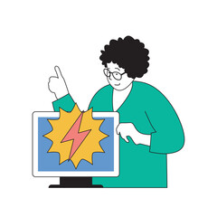 Poster - Ecology concept with cartoon people in flat design for web. Woman using alternative energy at home and controls electricity use. Vector illustration for social media banner, marketing material.
