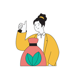 Poster - Ecology concept with cartoon people in flat design for web. Woman seeding plants, doing forest and ecosystem recovery, saves nature. Vector illustration for social media banner, marketing material.