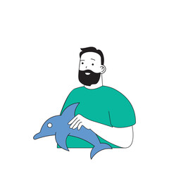Poster - Ecology concept with cartoon people in flat design for web. Man takes care about animals, trying to save dolphins from climate change. Vector illustration for social media banner, marketing material.