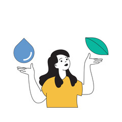 Poster - Ecology concept with cartoon people in flat design for web. Woman effectively uses resources to preserve nature and renew sources. Vector illustration for social media banner, marketing material.