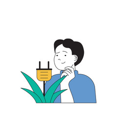Poster - Ecology concept with cartoon people in flat design for web. Man effectively uses energy resources and getting eco clean electric. Vector illustration for social media banner, marketing material.
