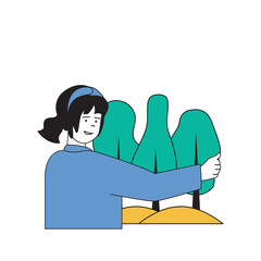 Poster - Ecology concept with cartoon people in flat design for web. Eco friendly woman protecting green forest and garden for recovery nature. Vector illustration for social media banner, marketing material.