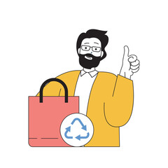 Poster - Ecology concept with cartoon people in flat design for web. Man leads zero waste lifestyle, shopping at eco responsibility businesses. Vector illustration for social media banner, marketing material.