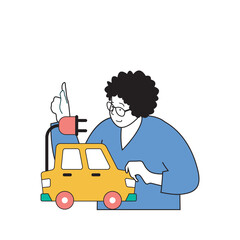 Poster - Ecology concept with cartoon people in flat design for web. Woman charging electric car at station to protecting environment at planet. Vector illustration for social media banner, marketing material.