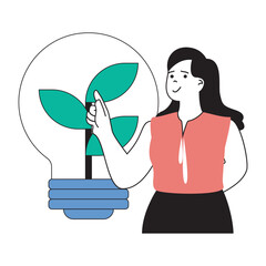 Poster - Ecology concept with cartoon people in flat design for web. Woman using clean eco friendly technology for getting electricity power. Vector illustration for social media banner, marketing material.