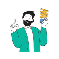 Poster - Ecology concept with cartoon people in flat design for web. Man using energy saving light bulbs for getting electricity power at home. Vector illustration for social media banner, marketing material.