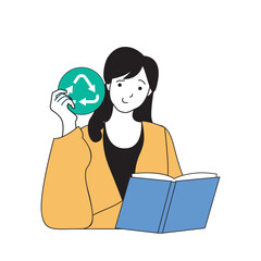 Poster - Ecology concept with cartoon people in flat design for web. Eco friendly woman leads zero waste lifestyle with recycling and reusing. Vector illustration for social media banner, marketing material.