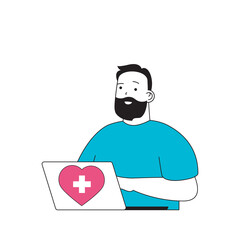 Aufkleber - Medical concept with cartoon people in flat design for web. Man works as doctor and giving online consultations by laptop at clinic. Vector illustration for social media banner, marketing material.