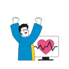 Aufkleber - Medical concept with cartoon people in flat design for web. Man visits cardiologist, does heart tests and studies his heartbeat. Vector illustration for social media banner, marketing material.