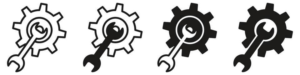 Wall Mural - Resolve symbol icon set collection. Gear with wrench sign. Setting of mechanical workshop showing work in progress in business. Transmission of wheel machine. Repair or setup in engineering industry