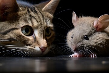 Curious domestic feline carefully observing the mouse in close vicinity on dark backdrop