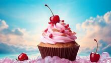 Sweet Cupcake Decorated Cherry Berry Against Fantasy Sky Backgro