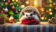 festive bristled critter adorable hedgehog celebrates the holidays as a baby animal on a christmas background with cute defense in the front