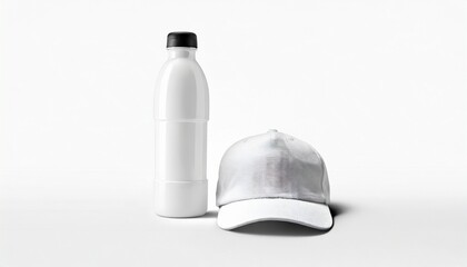 blank white front view cap hat and blank white water bottle with white background mockup template photo ai generated