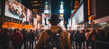 Man With Backpack Standing In Crowded City At Night. Urban Exploration. Banner.