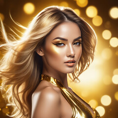 Woman model in golden bright glitter, golden skin, beautiful girl model with holiday composition, golden shining professional banner with empty copy space, Golden metal body,