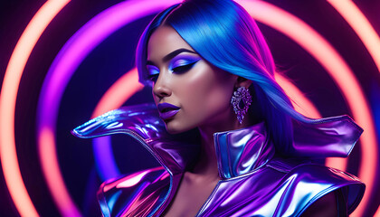 Wall Mural - High fashion model with metallic silver lips and personable women in colorful neon ultraviolet blue and violet lights, posing in studio, beautiful girl, glowing makeup, colorful makeup.