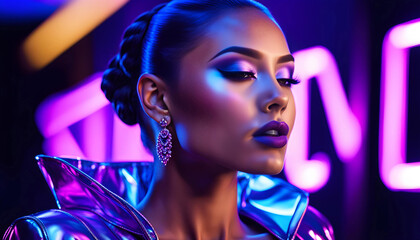 Wall Mural - High fashion model with metallic silver lips and personable women in colorful neon ultraviolet blue and violet lights, posing in studio, beautiful girl, glowing makeup, colorful makeup.