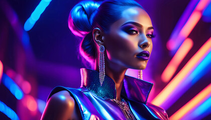 Wall Mural - High fashion model with metallic silver lips and personable women in colorful neon ultraviolet blue and violet lights, posing in studio, beautiful girl, glowing makeup, colorful makeup.