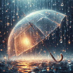 Wall Mural - transparent umbrella under rain against water drops splash background. rainy weather concept.