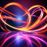 Fototapeta Panele - Vibrant neon abstract background with glowing fluorescent lines in a dark room, reflecting on the floor. Dynamic curvy ribbon, panoramic wallpaper, and digital energy transfer concept.