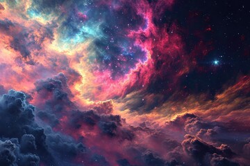 an ethereal galaxy of vibrant clouds and twinkling stars, inviting us to explore the vastness of the