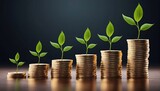 Fototapeta  - Money growing - A row of stacks of coins with plants growing up. Business finance banking savings investment economy concept. Generative AI