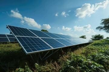 A bright future for renewable energy: a sprawling field of solar panels harnessing the power of the sun, surrounded by lush green plants, against a clear blue sky dotted with fluffy white clouds