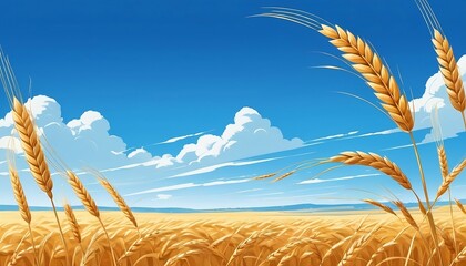 Beautiful illustration of a field of ripe wheat against the blue sky. Generative AI