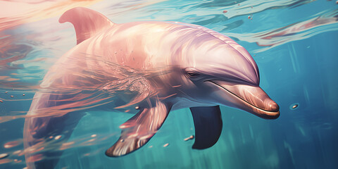 Wall Mural - Beautiful pink dolphin swimming in blue transparent water