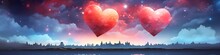 Two Large Bright Red Hearts Fly Like Balloons In The Night Sky Over A City Skyline, Artistic Watercolor Illustration For Panorama Web Wedding Banner