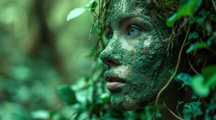 Woman portrait in forest, green thinking concept