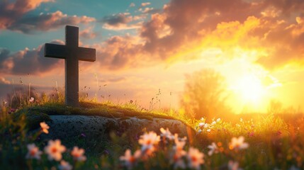 Poster - Good Friday concept: Empty tomb stone with cross on meadow sunrise background