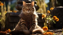 A Ginger Cat Wearing A Beaded Necklace Is Sitting In A Garden Of Yellow Flowers