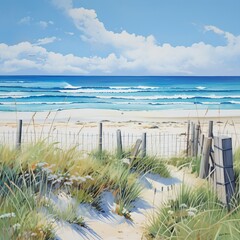 Wall Mural - Beach with white fence and sea oats