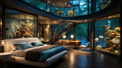 Modern bedroom with large glass windows and an aquarium