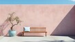 Wooden bench in front of pink wall with tree in blue pot