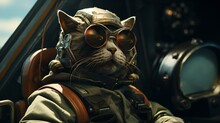 A cat wearing an aviator helmet and goggles sits in the cockpit of an airplane