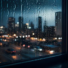 Sticker - Raindrops on a window with city lights in the background.