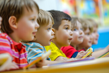 little children reading books on floor, cheerful school students sitting on the floor in a modern cl