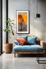 Wall Mural - Blue couch and orange painting of a tree in a concrete room