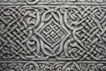 Wall texture material of sculpted stone with design inspired by Celtic knows, worked surface